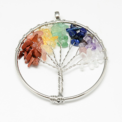 Mixed Stone Mixed Stone Big Pendants, with Brass Wires, Flat Round with Tree, 57x50x7mm, Hole: 5.5mm