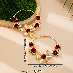 Золотой Серьги-кольца из сплава с цветком розы, золотые, 77x75 мм