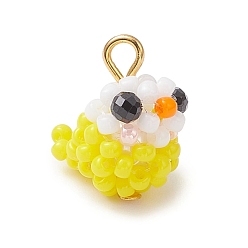 Желтый Подвески-птицы из стеклянных бусин, с бусинами из натуральной черной шпинели, стеклянным жемчугом и золотистой железной петлей, желтые, 16x10.5x13.5 мм, отверстие : 2.5 мм