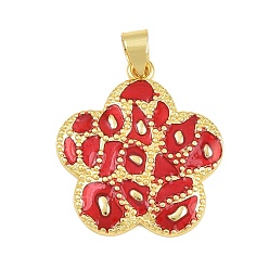 Red Brass Pendants, with Enamel, Flower Charms, Cadmium Free & Lead Free, Rack Plating, Long-Lasting Plated, Real 18K Gold Plated, Red, 27x24.5x2mm, Hole: 4x6mm