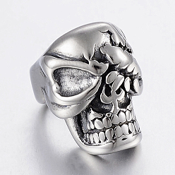 Antique Silver 304 Stainless Steel Beads, Large Hole Beads, Skull Head, Antique Silver, 15x12x17mm, Hole: 8mm