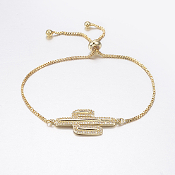 Golden Adjustable Brass Micro Pave Cubic Zirconia Bolo Bracelets, Slider Bracelets, with Brass Box Chains, Cactus, Golden, 10-5/8 inch(270mm)