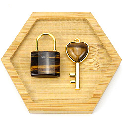 Тигровый глаз Подвески для пар из натурального тигрового глаза, Подвески на замок и ключ с позолоченными деталями из сплава, заблокировать: 30x20 мм, Ключ: 47x15 мм