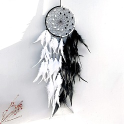 Черный Двухцветное стильное украшение из железного кулона, тканая сетка/паутина с перьями для подвесных украшений дома, чёрные, 700x150 мм