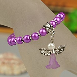 Dark Orchid Lovely Wedding Dress Angel Bracelets for Kids, Carnival Stretch Bracelets, with Glass Pearl Beads and Tibetan Style Beads, Dark Orchid, 45mm