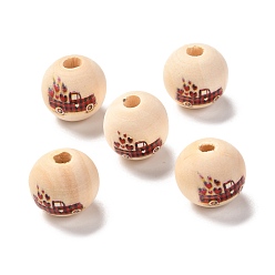 FireBrick Printed Wood European Beads, Large Hole Beads, Round with Car and Heart Pattern, FireBrick, 16x15mm, Hole: 4mm