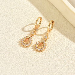 Golden Brass Micro Pave Cubic Zirconia Teardrop Leverback Dangle Earrings for Women, Golden, 35x10mm