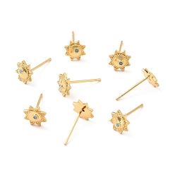 Настоящее золото 18K Светло-голубые серьги-гвоздики с кубическим цирконием в виде солнца, украшения из латуни для женщин, без свинца, без кадмии и без никеля, реальный 18 k позолоченный, 7.5x6.5 мм, штифты : 0.7 мм