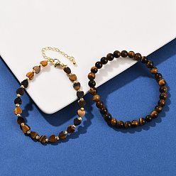 Тигровый глаз Набор браслетов из натурального тигрового глаза для женщин, сердце и круглый, с латунной бисера, реальный 18 k позолоченный, долговечный, стойки покрытие, внутренний диаметр: 2-1/8 дюйм (5.5 см) и 7-1/4 дюйм (18.5 см)