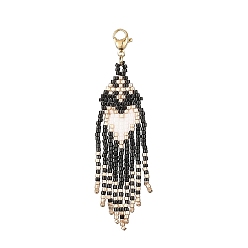 Black Handmade Loom Pattern Seed Beads Tassel Pendants Decoration, with 304 Stainless Steel Lobster Claw Clasps, Heart, Black, 70mm