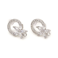 Platinum Brass Stud Earring Findings, with Loops, Clear Cubic Zirconia and Ear Nuts, Ring with Flower, Platinum, 14.5x10.5mm, Hole: 1mm, Pin: 0.8mm