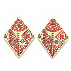 Brique Rouge Laiton émail pendentifs, embellissements en métal gravé, couleur or mat, losange, firebrick, 38.5x28x0.3mm, Trou: 1.2mm