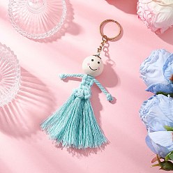 Бирюза Брелки из хлопка, с железными кольцами для ключей и деревянными бусинами, золотые, бирюзовые, 155 мм