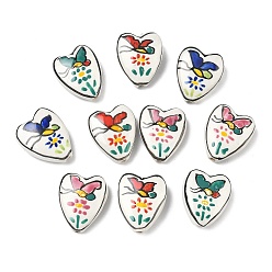 (52) Непрозрачная лаванда Фарфоровые бусины ручной работы, Сердце с подвесками в виде бабочки и цветка., пастельный фарфор, разноцветные, 23x19x8 мм, отверстие : 2 мм