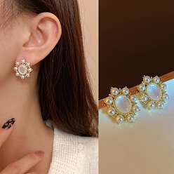White Oval Alloy & Resin Stud Earrings for Women, Imitation Pearl Beads Earrings with 925 Sterling Silver Pins, White, 18x12mm