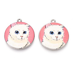 Розовый Печатные подвески сплава, платина, плоский круглый с кошачьим шармом, туманная роза, 28x25x3 мм, отверстие : 1.8 мм
