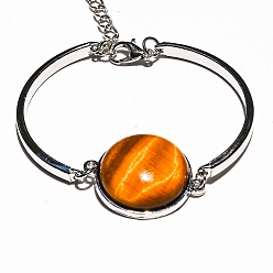 Тигровый глаз Браслет с плоскими круглыми звеньями и натуральным тигровым глазом, с изогнутой трубкой, 7-1/8 дюйм (18 см)