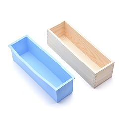 Cielo Azul Oscuro Juegos de moldes de jabón de madera de pino rectangular, con molde de silicona y caja de madera, herramienta de fabricación de moldes de jabón de pan hecho a mano diy, cielo azul profundo, 28x8.8x8.6 cm, diámetro interno: 7x25.9 cm, 2 piezas / juego