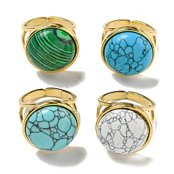 Настоящее золото 18K Ионное покрытие (ip) 304 открытые манжеты из нержавеющей стали, Кольца на круглые пальцы с синтетическим малахитом и бирюзой для женщин и мужчин, реальный 18 k позолоченный, регулируемый