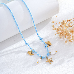 Светло-Голубой Летние пляжные плетеные веревочные ожерелья-нагрудники, Подвески из нержавеющей стали в виде морской звезды, краба и сердца, а также искусственный жемчуг., золотые, Небесно-голубой, 29.92 дюйм (76 см)