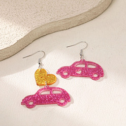 Верблюжий Акриловые серьги-подвески в форме машины ко Дню святого Валентина с сердечками, платина, слева и справа, фиолетовые, 70x45 мм