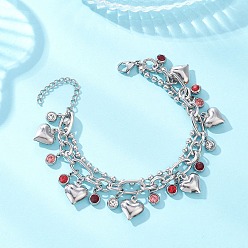 Нержавеющая Сталь Цвет Браслеты из двухслойных цепочек Figaro и шариков из нержавеющей стали с сердцем 304, 304 браслеты из нержавеющей стали и 201 браслеты с подвесками из нержавеющей стали для женщин, цвет нержавеющей стали, 7.17 дюйм (18.2 см)