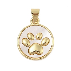 Real 18K Gold Plated Dog Paw Print Rack Plating Brass with Natural Shells Pendants, Long-Lasting Plated, Lead Free & Cadmium Free, Real 18K Gold Plated, 18x15x2.5mm, Hole: 3.5x5mm