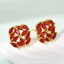 Красный Латунные микро проложить серьги стержня кубического циркония, стойки покрытие, долговечный, квадратный, золотые, красные, 12.5x12.5 мм