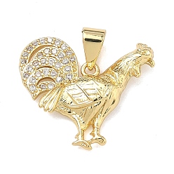 Настоящее золото 18K Латунные микропаве прозрачные подвески с фианитом, талисманы петуха, долговечный, стойки покрытие, без свинца и без кадмия, реальный 18 k позолоченный, 18x19x3.4 мм, отверстие : 4.5x4 мм