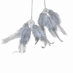 Серый Тканая сетка / паутина из сплава с подвеской из перьев, с крашеным пером, настенное украшение для автомобиля, домашнего декора, плоские круглые с цветком, серые, перо: 145~150 мм, плоские круглые: 25 мм в диаметре