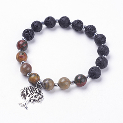 Пикассо Камень Браслеты с подвесками из натуральных бусин из вулканической породы, Сплав с подвесками, натуральная полихромная яшма/камень Пикассо/яшма Пикассо и немагнитные синтетические бусины из гематита, Упаковка мешковины, древо жизни, 2-1/8 дюйм (54 мм)