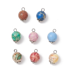 (52) Непрозрачная лаванда Круглые подвески из натуральной окрашенной императорской яшмы с латунными петлями, платина, разноцветные, 12~12.5x8.5 мм, отверстие : 2 мм