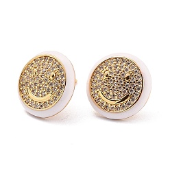 Mixed Color Smiling Face Sparkling Cubic Zirconia Stud Earrings for Girl Women Gift, Real 18K Gold Plated Brass Enemel Earrings, Mixed Color, 14.5x2.5mm, Pin: 0.9mm