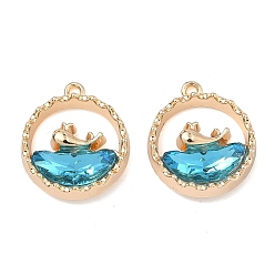 Небесно-голубой Сплав стекла подвески, плоская круглая форма с подвесками в виде китов, стойки покрытие, без кадмия, без никеля и без свинца, золотые, голубой, 18x15.5~16x4~4.5 мм, отверстие : 1.2~1.4 мм
