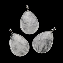 Хрусталь Природного кварца хрустальных подвесок, Подвески в форме капли из горного хрусталя с 304 защелкивающимися креплениями из нержавеющей стали, цвет нержавеющей стали, 43.5~45x29.5~30.5x6~7.5 мм, отверстие : 7.5x4.5 мм