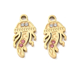 Jellyfish 304 Stainless Steel Rhinestone Pendants, Ion Plating(IP), Golden, Jellyfish Charms, 15.5x8x1.5mm, Hole: 1.6mm