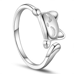 Platinum Rhodium Plated 925 Sterling Silver Cuff Rings, Open Rings, Cat Shape, Platinum, Size 10, 20mm