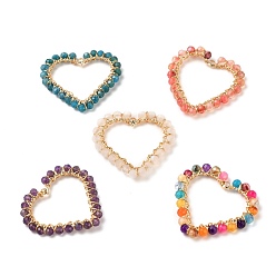 Смешанные камни Кулоны с натуральными ограненными камнями в форме сердца, проволочные подвесные подвески, с латунными выводами и экологически чистой медной проволокой, золотые, смешанные окрашенные и неокрашенные, 39x42x4 мм, отверстие : 1.8 мм