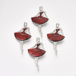 Красный Броши / подвески из ракушек, со смоляным дном и выводами из сплава, танцор, платина, красные, 79x44x9.5 мм, отверстие : 7x4 мм, штифты : 0.7 мм
