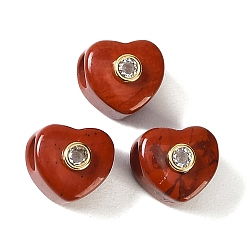 Piedra Roja Cuentas europeas jaspe rojo natural, corazón cuentas grandes hoyos, con detalles de latón dorado micro pavé de circonita cúbica transparente, 12.5~13x13~14x12~13 mm, agujero: 5.5 mm