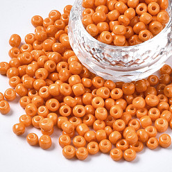 Dark Orange 6/0 Glass Seed Beads, Baking Paint, Round Hole, Round, Dark Orange, 4~5x3~5mm, Hole: 1.2~1.5mm, about 4500pcs/Pound