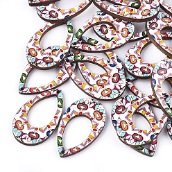 Creamy White Printed Basswood Pendants, Teardrop, Back Random Color, Creamy White, 34.5x20.5x3mm, Hole: 1.6mm