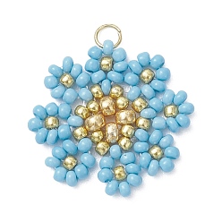 Светло-Голубой Подвески-цветы из стеклянных бус, с 304 нержавеющей стали, реальный 18 k позолоченный, Небесно-голубой, 22~23x22~23x3 мм, Перейти кольцо: 4x0.5 мм, отверстие : 3 мм