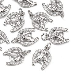 Platinum SHEGRACE Brass Micro Pave Clear Cubic Zirconia Pendants, Horse with Horseshoe Charms, Cadmium Free & Lead Free & Nickel Free, Platinum, 15.5x15.5x3mm, Hole: 1mm