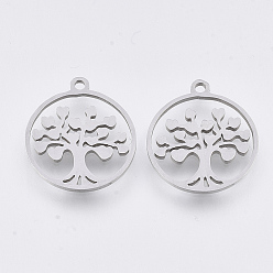 Edelstahl Farbe Anlaufgeschützt 201 Anhänger aus Edelstahl, Laser geschnittene Anhänger, flach rund mit Baum, Edelstahl Farbe, 17x15x1 mm, Bohrung: 1.4 mm