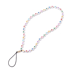 Black Opaque Acrylic Beads Mobile Straps, with Braided Nylon Thread and Brass Beads, Flat Round with Colorful Heart Pattern, Black, 25.5cm