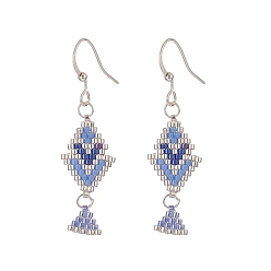 Blue Rhombus Handmade Loom Pattern Glass Seed Beaded Dangle Earrings, Brass Jewelry for Women, Blue, 49mm, Pin: 0.7mm