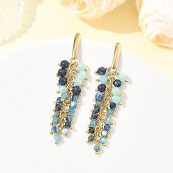 Blue 304 Stainless Steel with Natural Mixed Gemstone Stud Earrings, Round, Tassel Earrings, Golden, Blue, 57mm