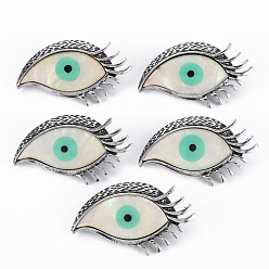 Beige Eagle Eye Shape Natural White Shell Brooch Pin, Alloy Enamel Pin for Backpack Clothing, Lead Free & Cadmium Free, Antique Silver, Beige, 29~31x49~50x9~10mm, Hole: 4x3mm, Pin: 0.7mm