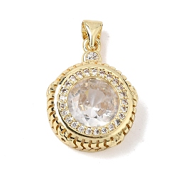 Clear Brass Pave Cubic Zirconia Pendants, Flat Round Charms, Rack Plating, Long-Lasting Plated, Lead Free & Cadmium Free, Real 18K Gold Plated, Clear, 22x16x6.5mm, Hole: 5x3.5mm
